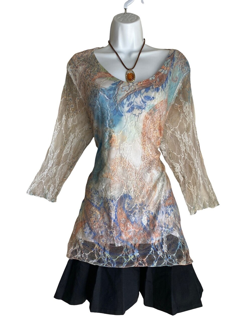 VTG Brittany Black Women's Plus 1X Boho Lace Tunic Blouse Whimsigoth Artsy USA